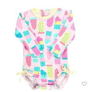 Ruffle Butts Baby Girls One Piece Rash Guard - Ice Cream Social 3 to 6M
